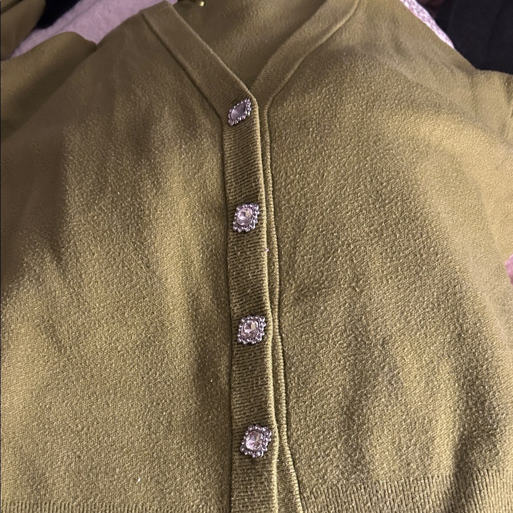 Green Tahari Cardigan with Rhinestone Buttons